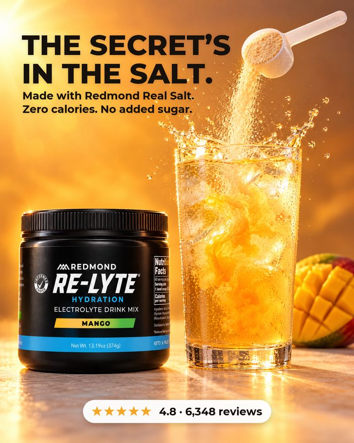 Sample ad: Redmond Re-Lyte Mango, headline The secret's in the salt, scoop pouring powder into a glass
